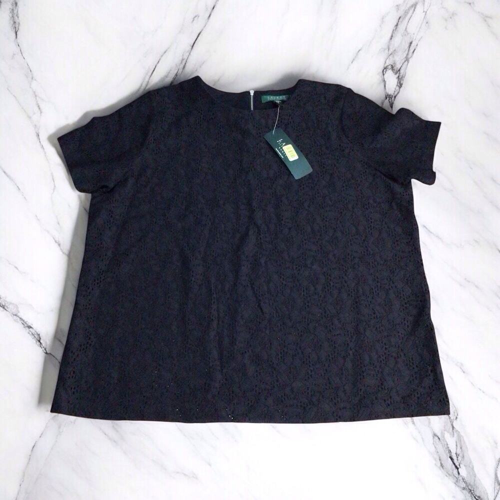 Lauren Ralph Lauren Blouse Women's 1X Black Floral Lace Open Knit Shirt Top Zip
